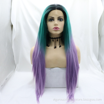 Vigorous green Ombre Long Straight Synthetic 3 Tone Color Lace Hair Front Wigs Dark Roots Middle Part For Black Women